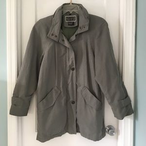 Spencer Douglas all weather coat, sage green, lined, pockets, size L